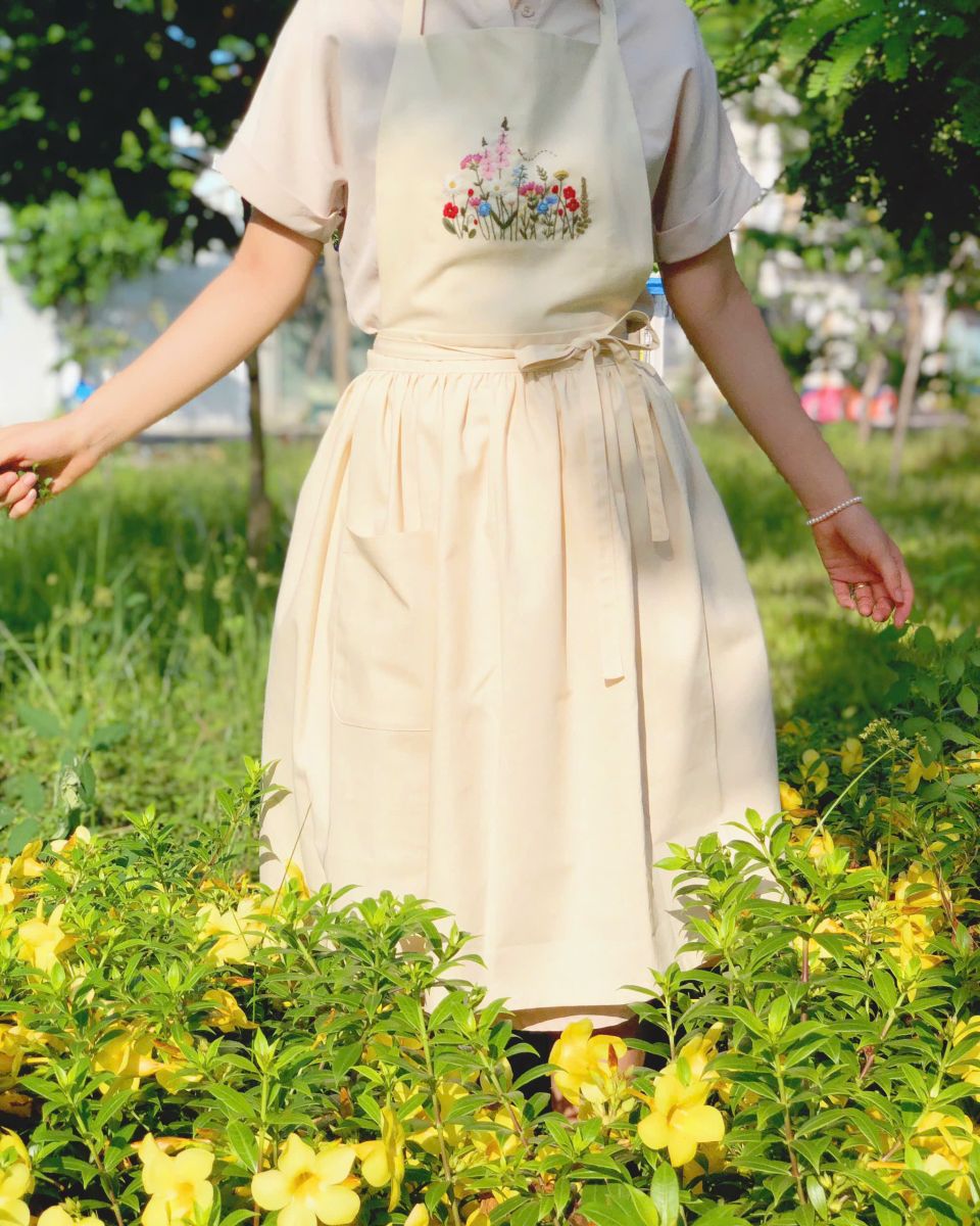 Hand-Embroidered Apron, Linen Cotton Apron
